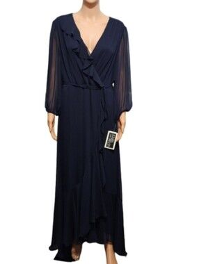 Julian Taylor Navy Blue V Neck Chiffon Fairycore Maxi Dress Sz 14